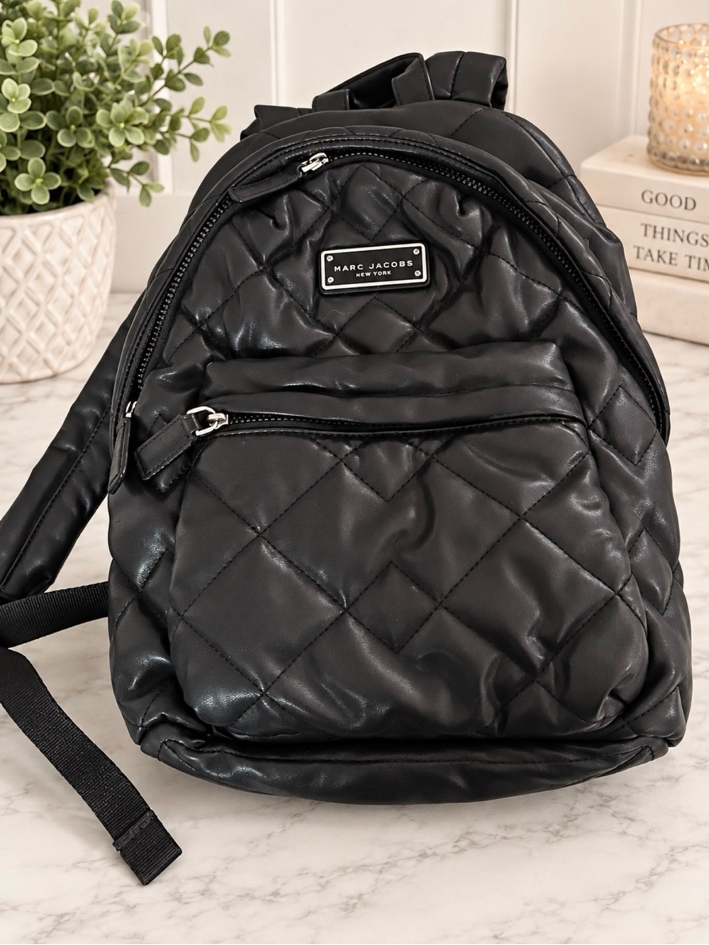 Marc Jacobs Quilted Black Backpack with Front Zip Pocket 14” x 14”